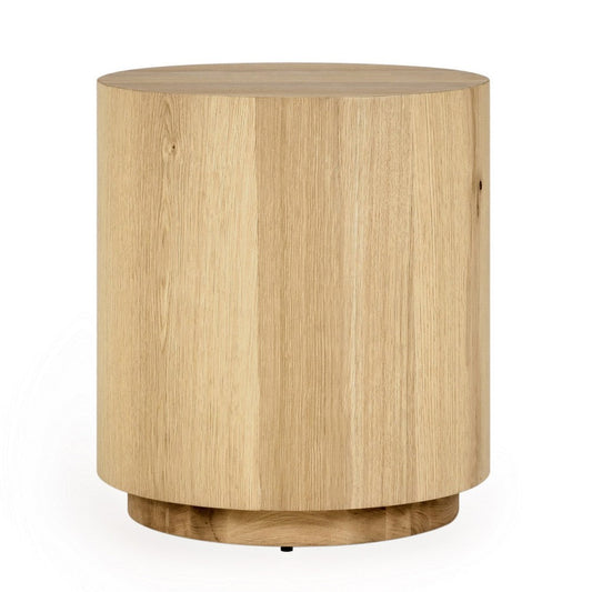 Cecil 22 Inch Side End Table, Round Oak Veneer, Plinth Base, Light Brown By Casagear Home