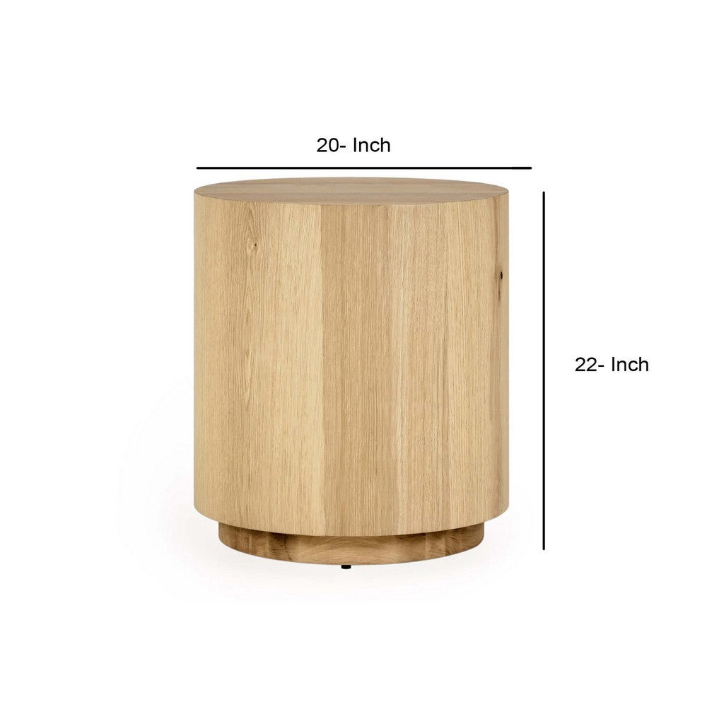Cecil 22 Inch Side End Table, Round Oak Veneer, Plinth Base, Light Brown By Casagear Home