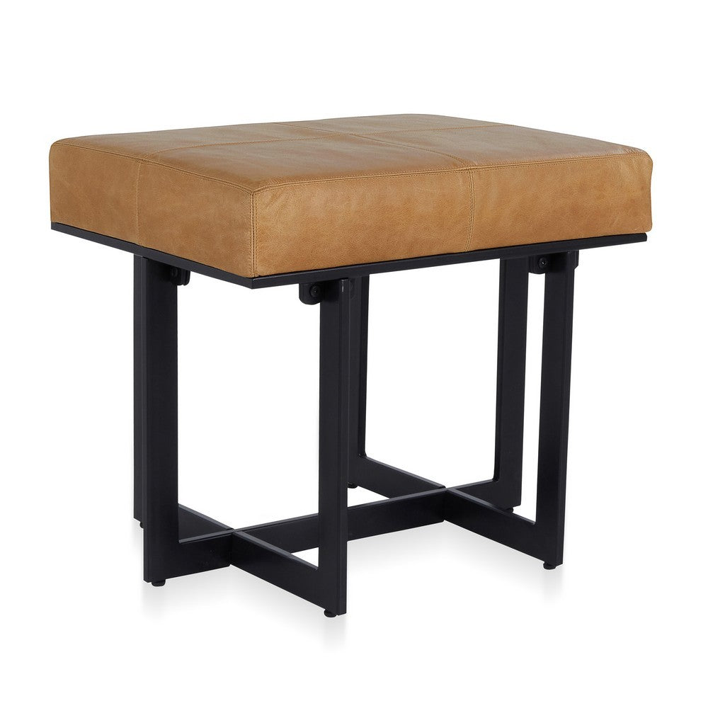 Windy 20 Inch Accent Stool, Brown Top Grain Leather Seat, Black Iron By Casagear Home