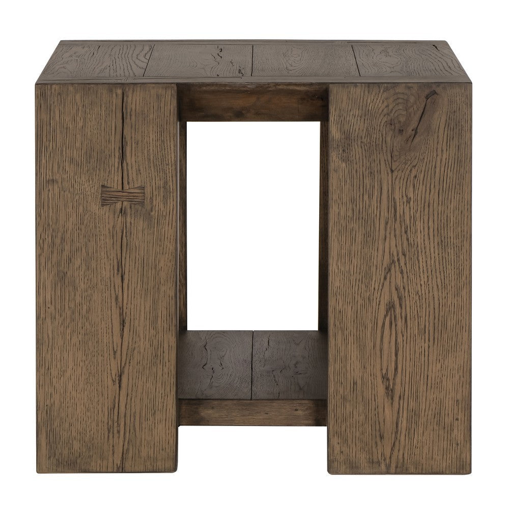 Hendri 24 Inch Side End Table, Square Oak Wood Frame, Shelf, Antique Brown By Casagear Home
