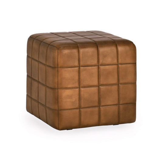 18 Inch Ottoman, Buffalo Leather Upholstery, Cube Mango Wood Frame, Brown By Casagear Home