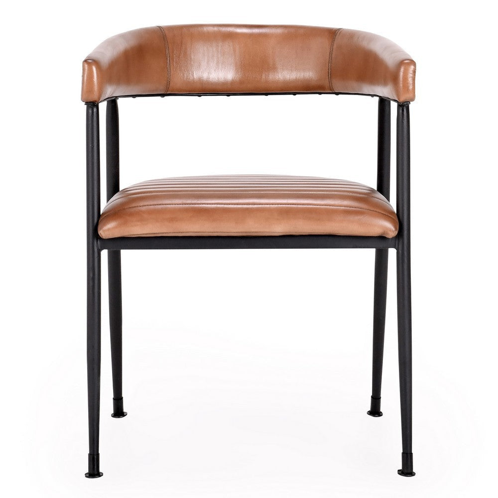 23 Inch Dining Chair, Brown Top Grain Buffalo Leather Upholstery, Iron Legs By Casagear Home