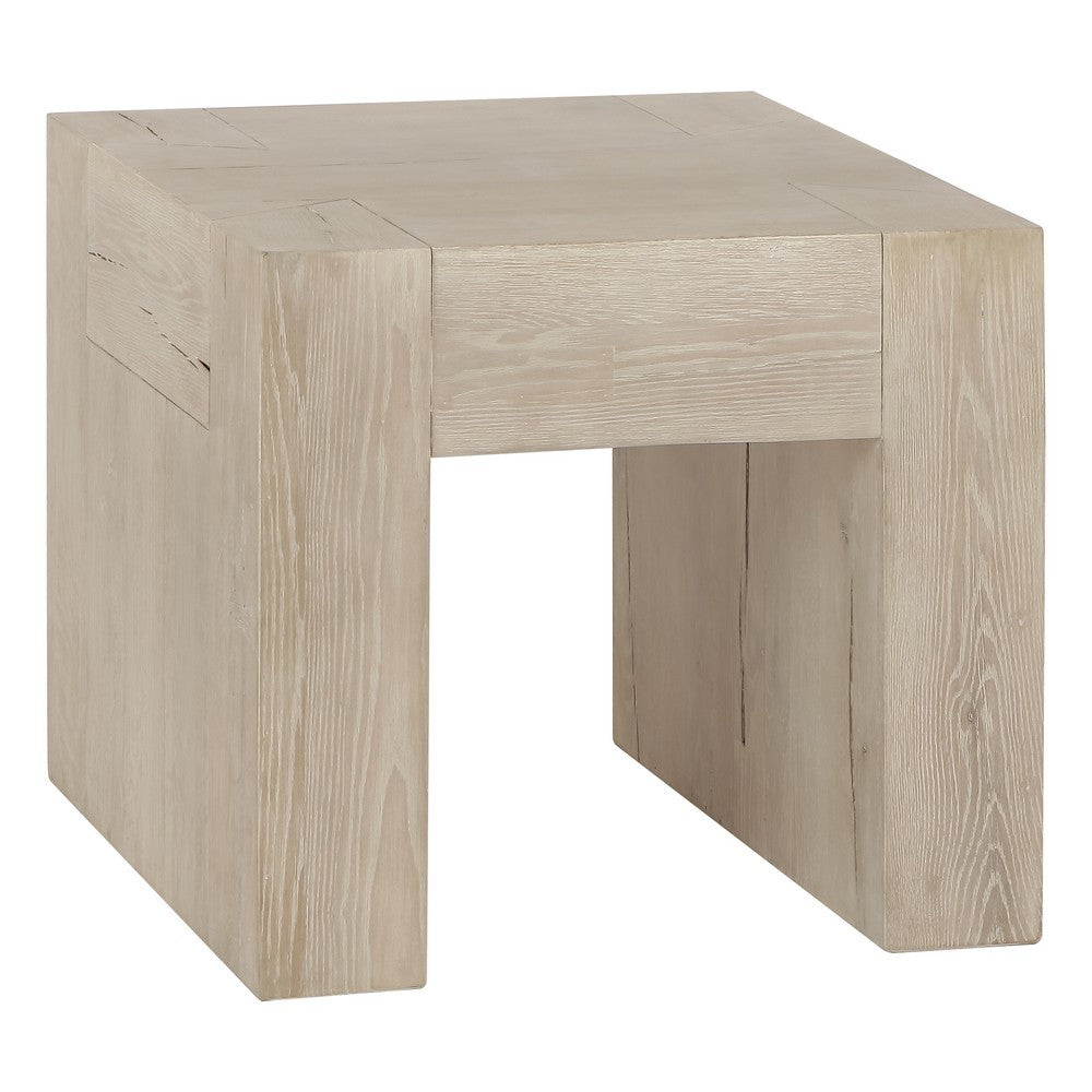 Elsa 24 Inch End Table, Square, Dovetail Details, Meadow White Cracked Oak By Casagear Home