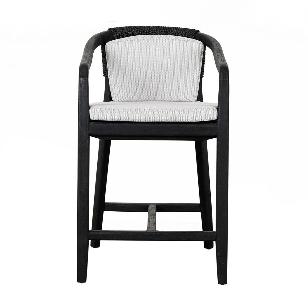 25 Inch Outdoor Counter Stool Chair, Gray Woven Olefin Fabric, Black Teak By Casagear Home