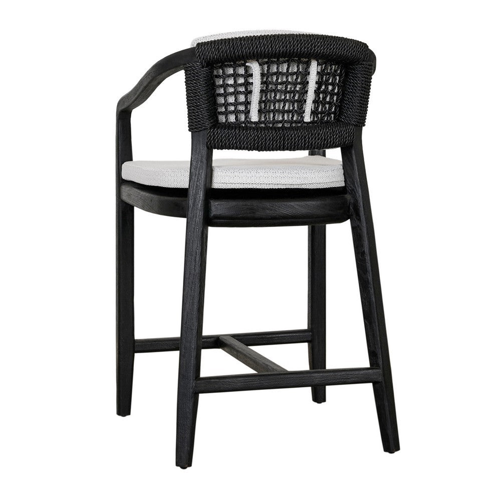 25 Inch Outdoor Counter Stool Chair, Gray Woven Olefin Fabric, Black Teak By Casagear Home