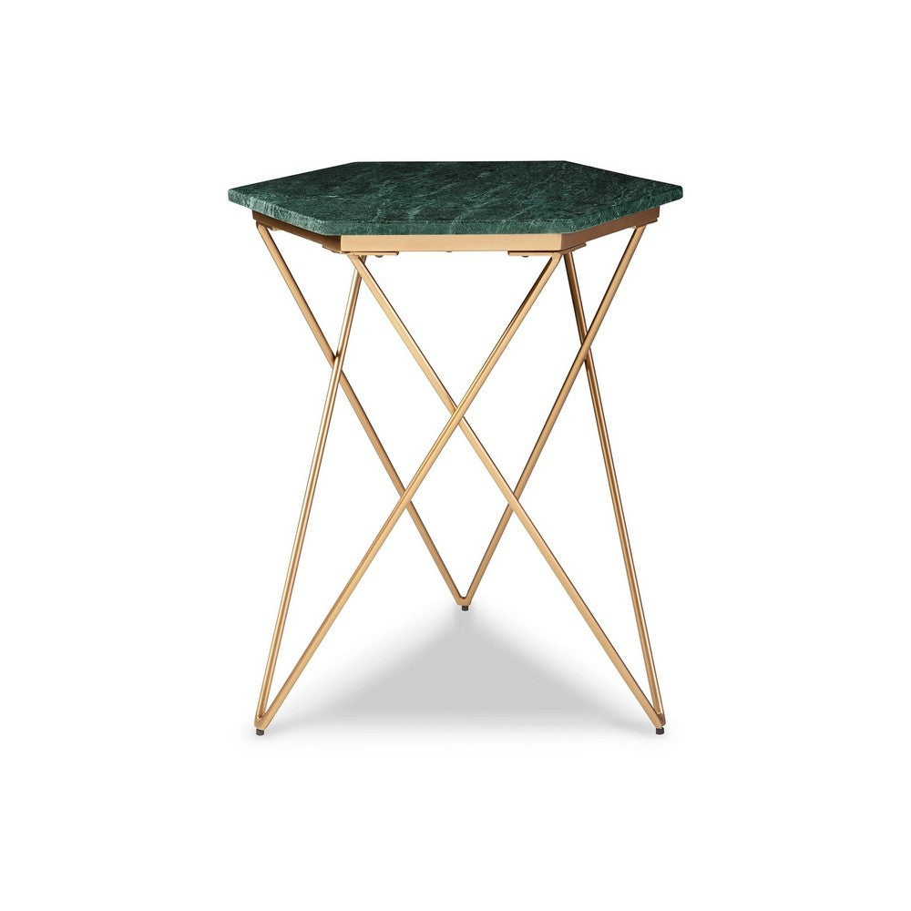 24 Inch Accent End Table, Green Hexagon Marble Top, Gold Metal Base By Casagear Home