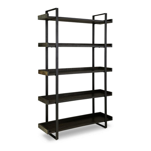 Franz 78 Inch Bookcase, 5 Display Shelves, Black Metal Bracket, Brown Wood By Casagear Home
