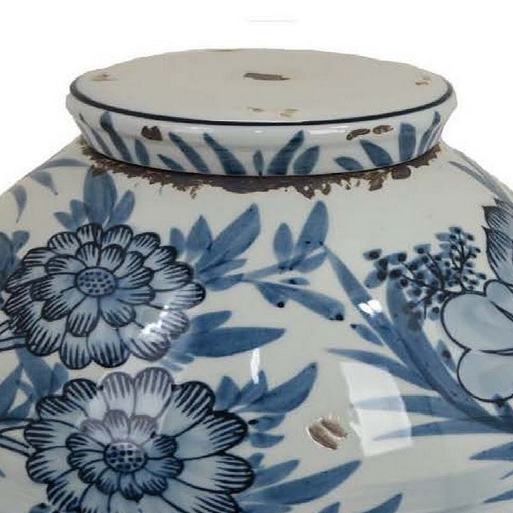 9 Inch Ginger Jar, White and Blue Floral Print, Round, Removable Lid, Gold By Casagear Home