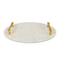 14 Inch Decorative Serving Tray, Gold Handles, Square, White Marble Finish By Casagear Home