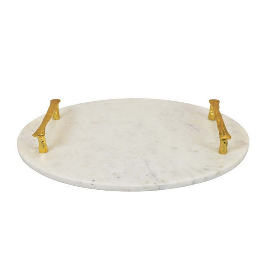 14 Inch Decorative Serving Tray, Gold Handles, Square, White Marble Finish By Casagear Home