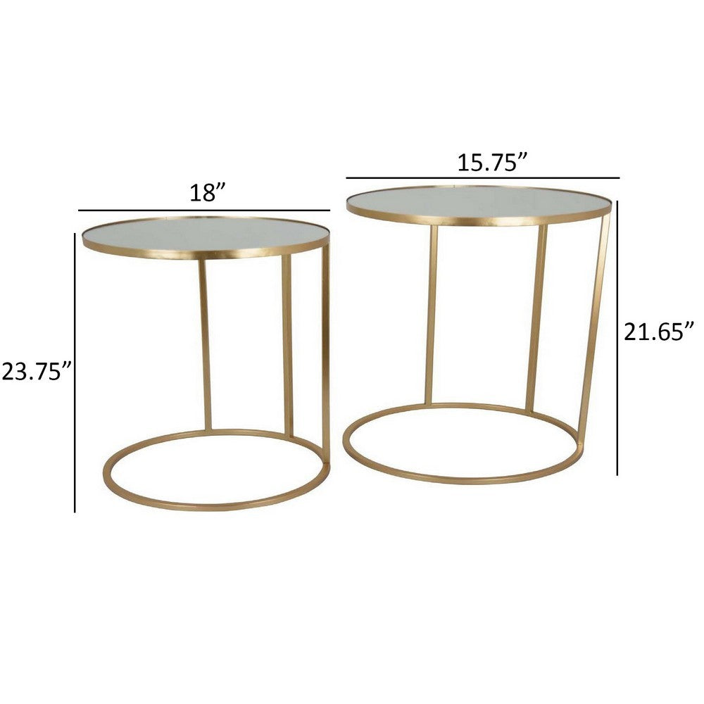 Set of 2 Plant Stand Tables, Round Mirror Top, Modern Gold Metal Finish By Casagear Home