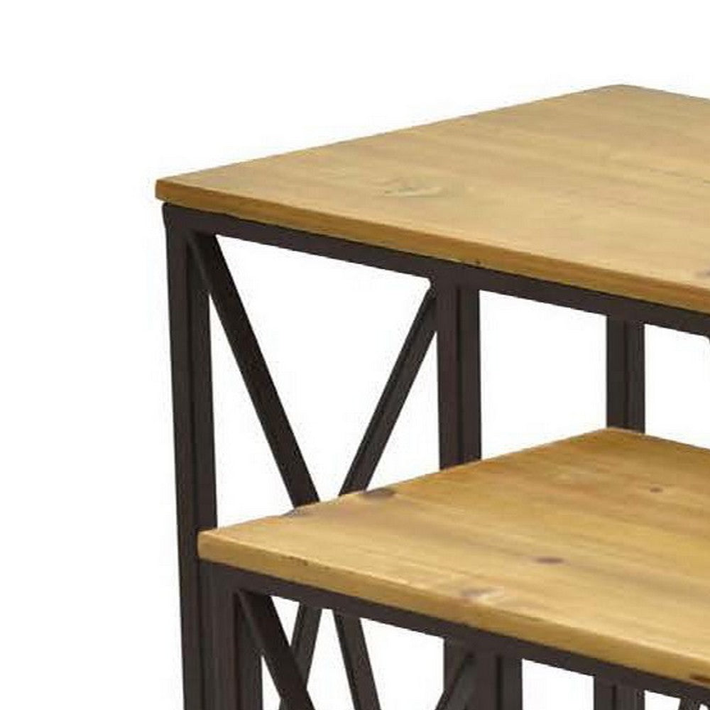 Set of 2 Plant Stand Tables, Black C Shaped Crossed Metal Base, Brown By Casagear Home