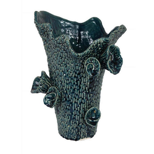 17 Inch Vase with Barnacle Design And Floral Details, Blue Ceramic Finish By Casagear Home