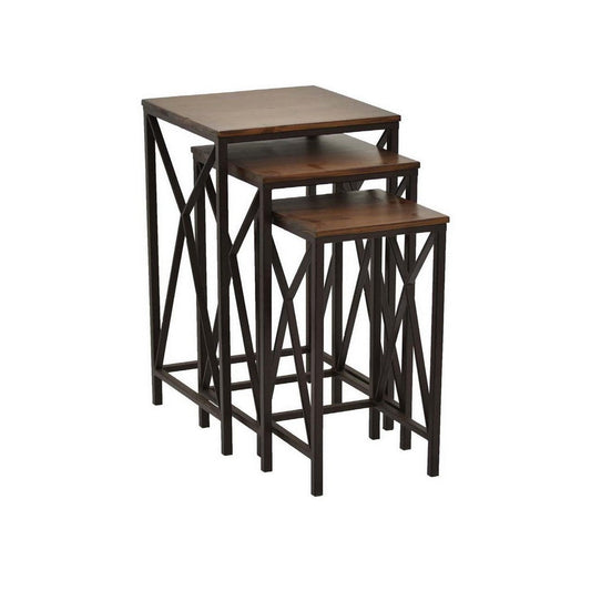 Mire Plant Stand Table Set of 3, Square Tops, Brown Wood, Black Metal By Casagear Home