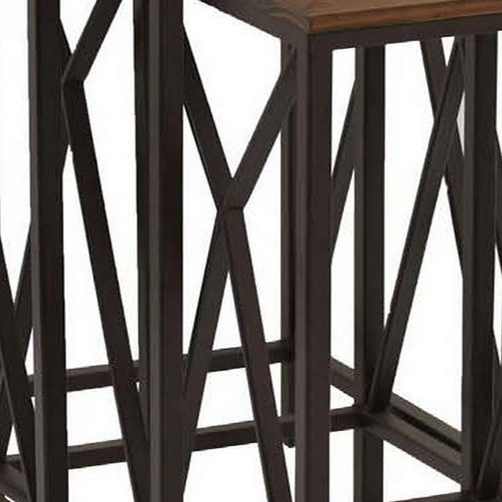 Mire Plant Stand Table Set of 3, Square Tops, Brown Wood, Black Metal By Casagear Home