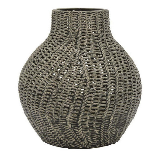 20 Inch Accent Vase with Mesh Like Design, Round, Gray Ceramic Finish By Casagear Home
