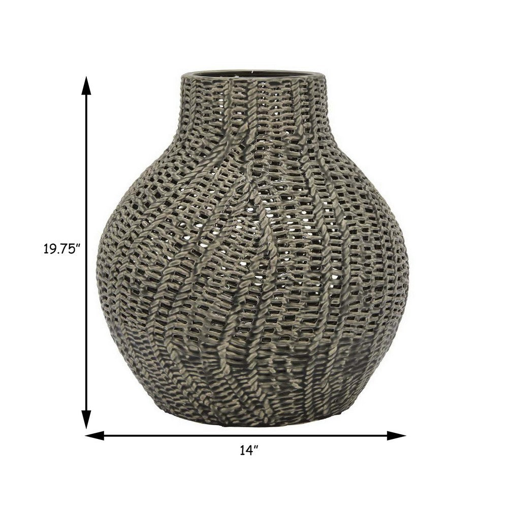 20 Inch Accent Vase with Mesh Like Design, Round, Gray Ceramic Finish By Casagear Home