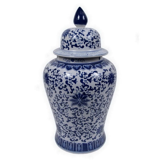 25 Inch Decorative Temple Jar with Floral Design, Ceramic, Blue and White By Casagear Home
