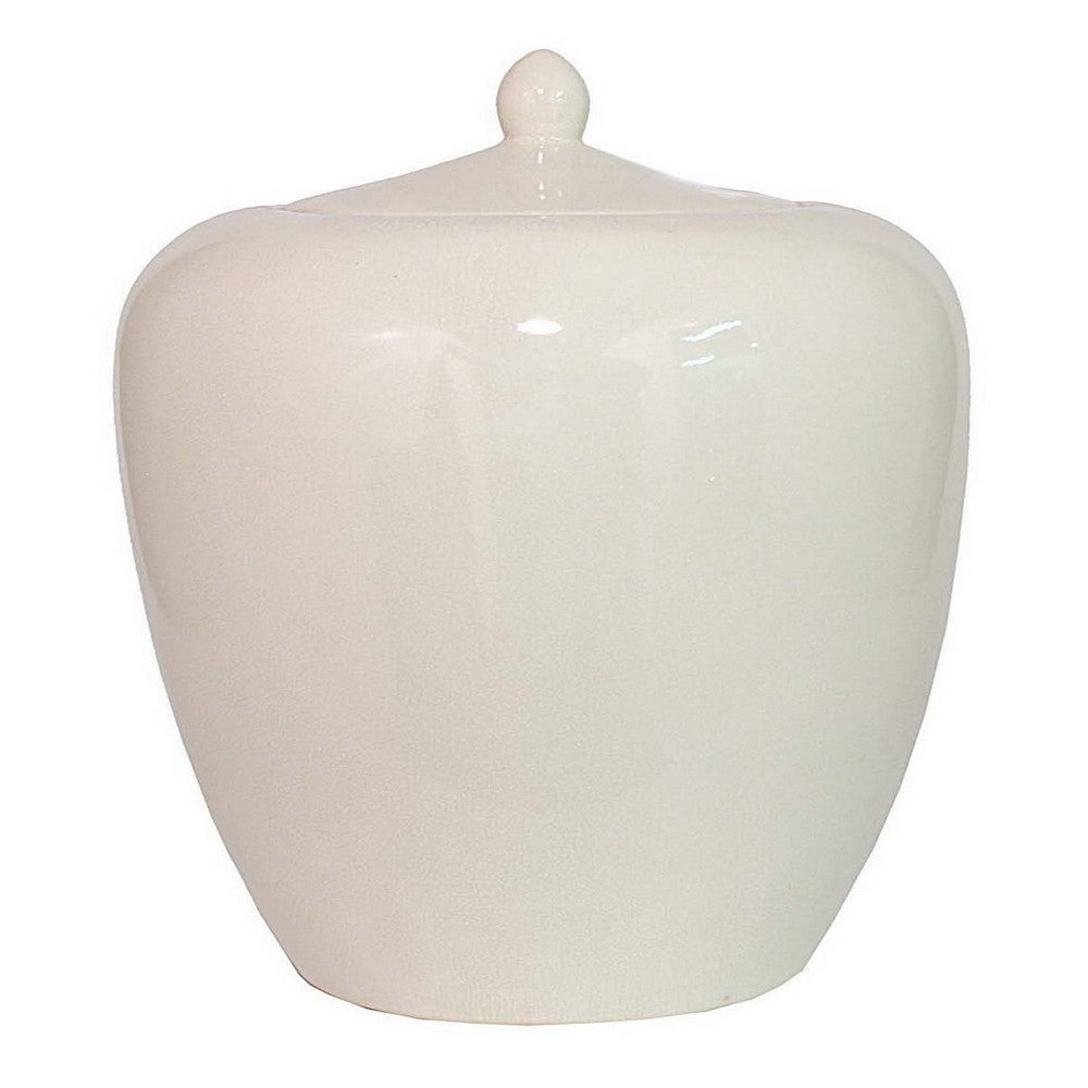 19 Inch Decorative Jar with Lid, Contemporary Style Rounded White Ceramic By Casagear Home