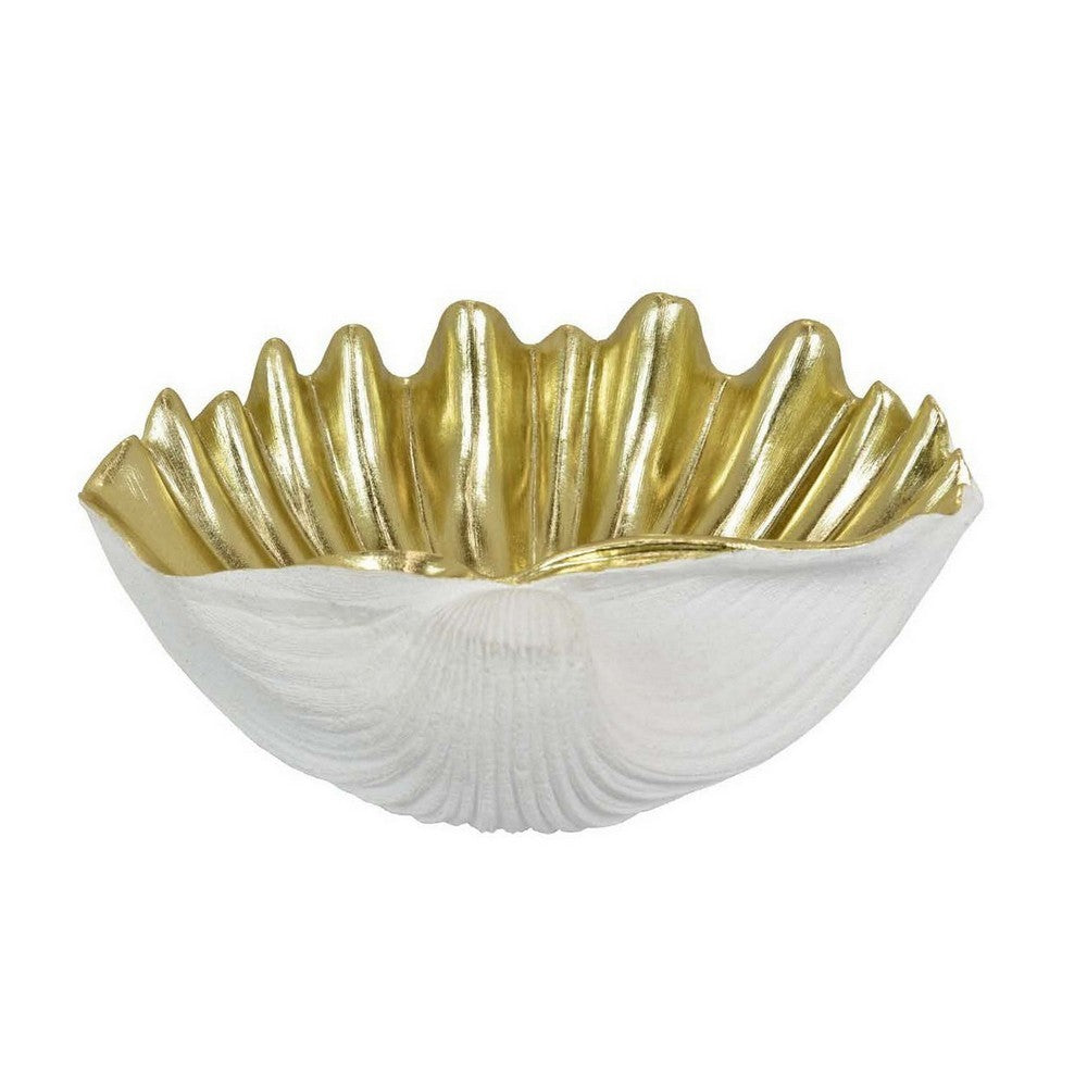 18 Inch Decorative Shell Bowl, Gold Details and Delicate Folds, White Resin By Casagear Home