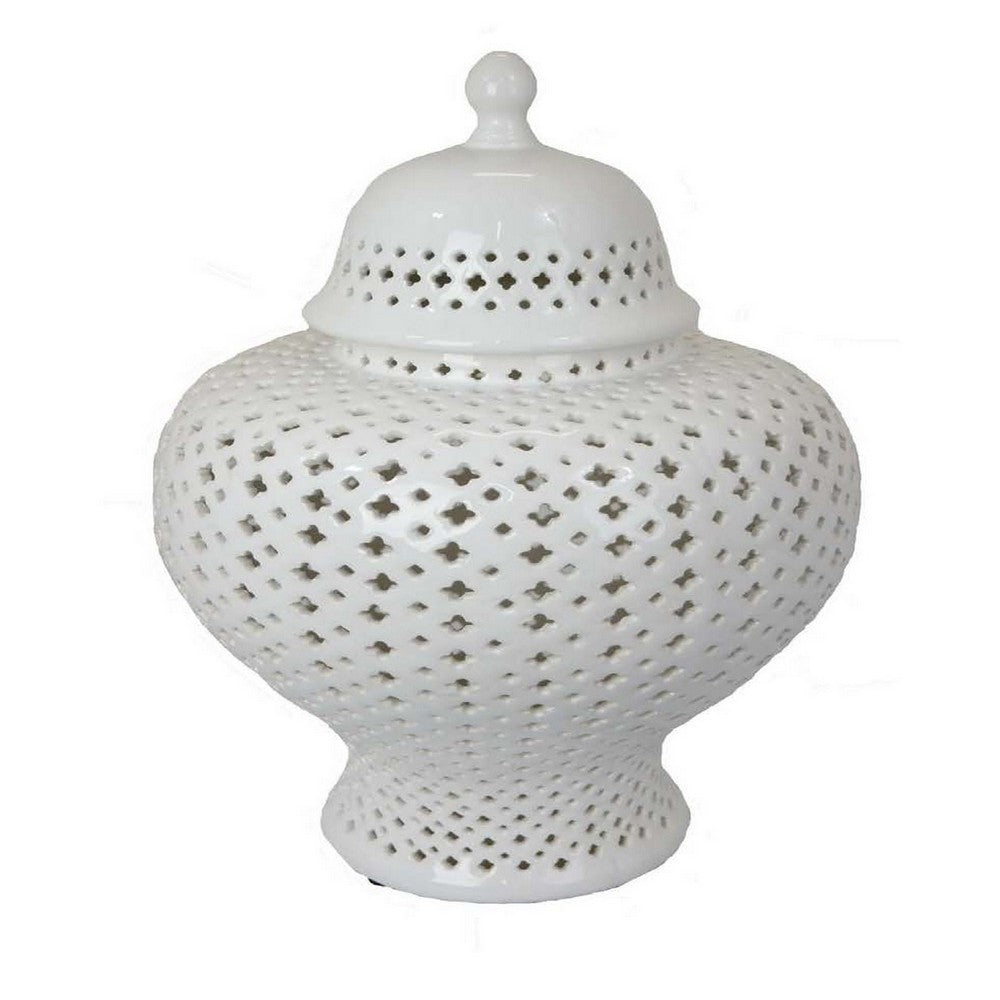 20 Inch Decorative Temple Jar, Carved Out Details, Dome Lid, White Ceramic By Casagear Home