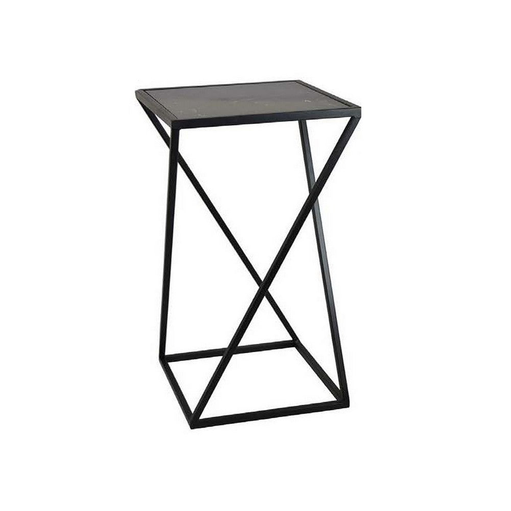 Set of 3 Plant Stand Tables, Square, Crossed Base, Gray Marble, Black Metal By Casagear Home