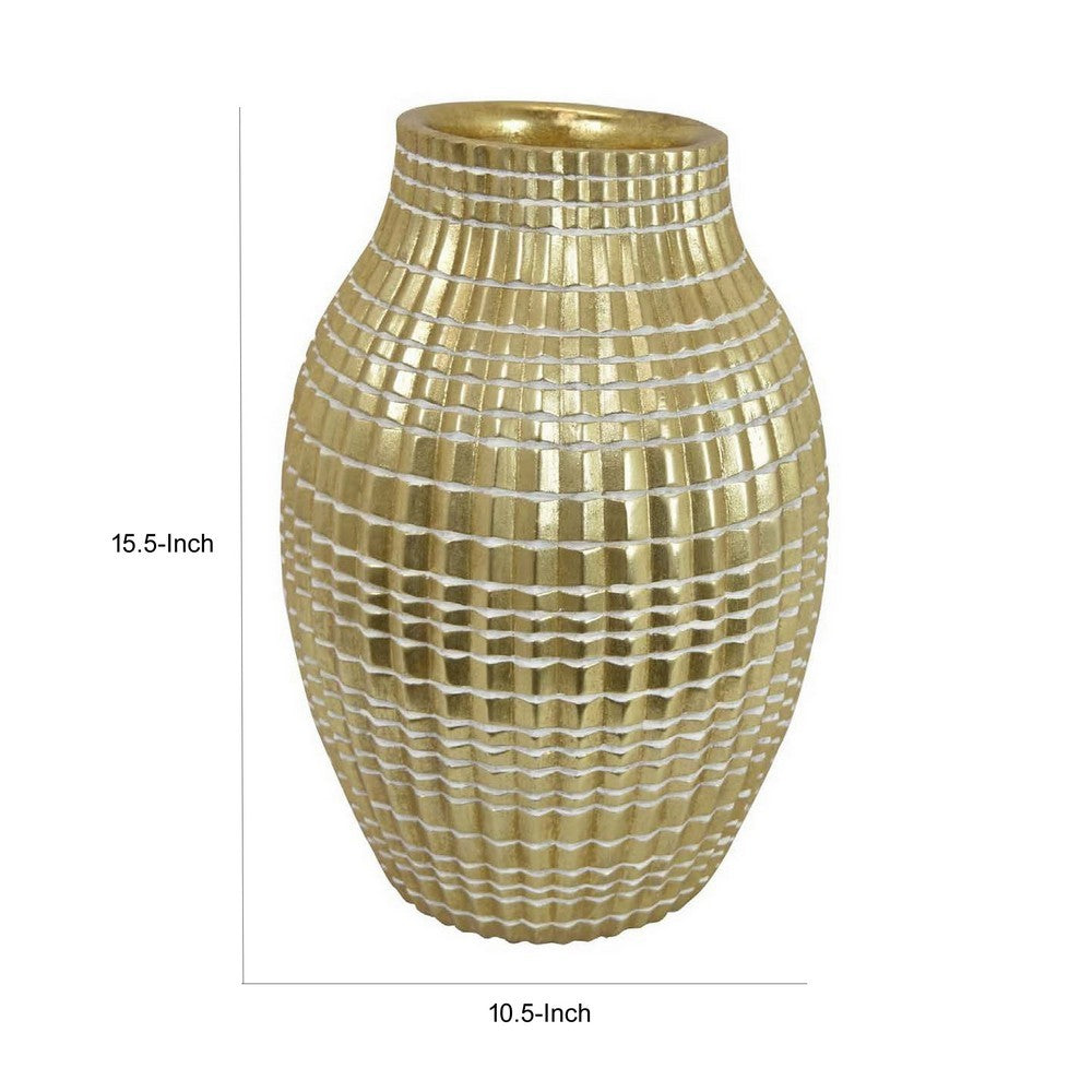 16 Inch Flower Vase, Long Curved Shape, Elegant Gold Textured Resin Finish By Casagear Home