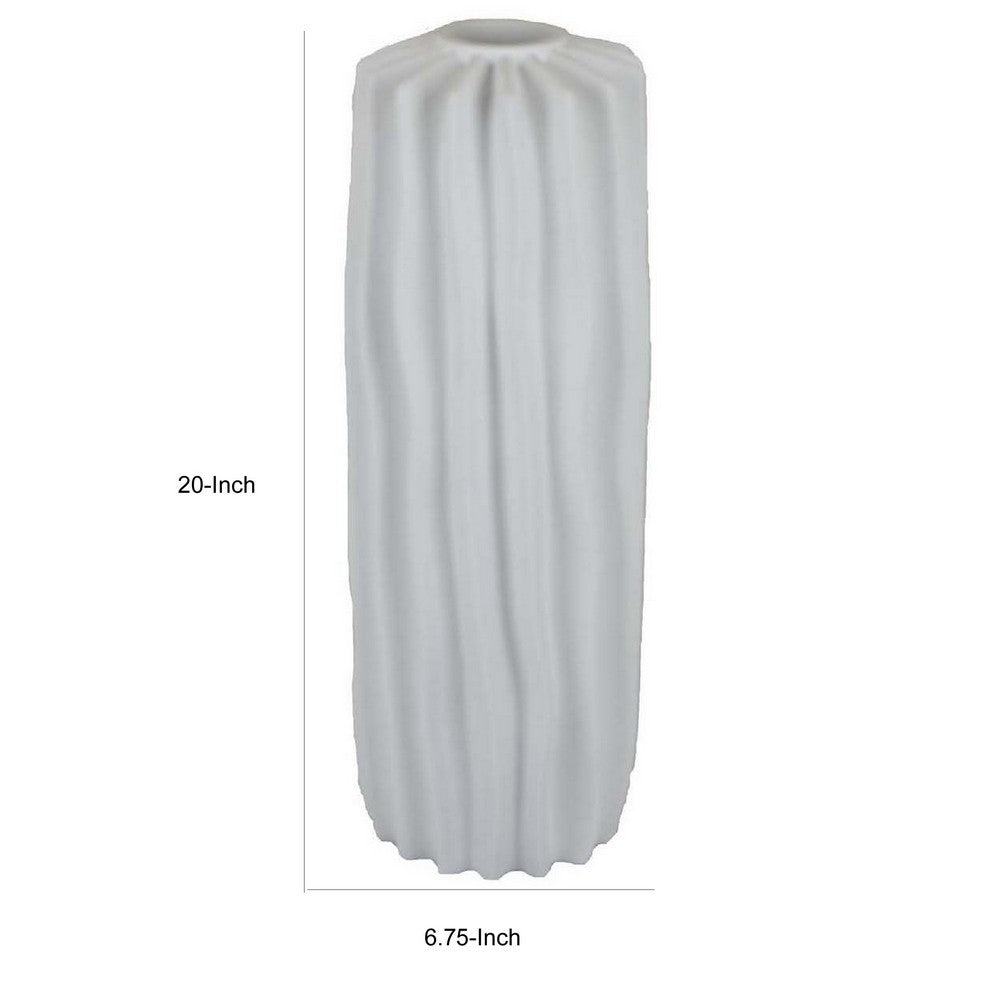 20 Inch Flower Vase, Organic Vertical Line Details, White Resin Finish By Casagear Home