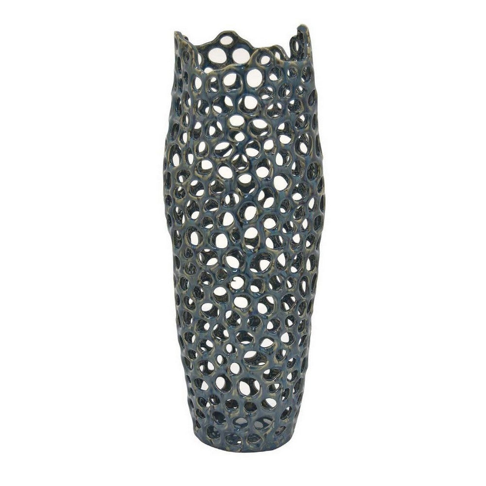 20 Inch Ceramic Decorative Vase, Long Coral Design, Deep Blue Finish By Casagear Home
