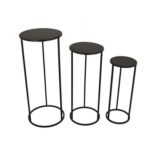 Piye Set of 3 Nesting Metal Plant Stands, Round Display Top, Black Finish By Casagear Home