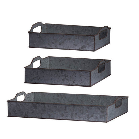 12, 12, 20 Inch Set of 3 Nesting Trays, Rectangular, Galvanized Gray Iron By Casagear Home