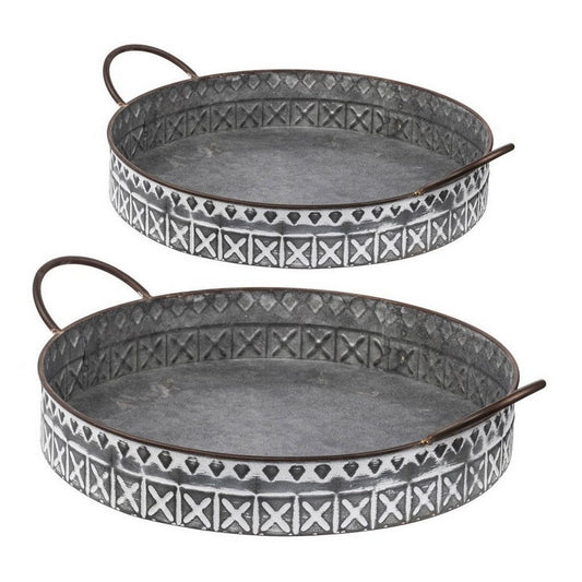 18, 20 Inch Set of 2 Round Serving Trays with Handles, Galvanized Gray Iron By Casagear Home