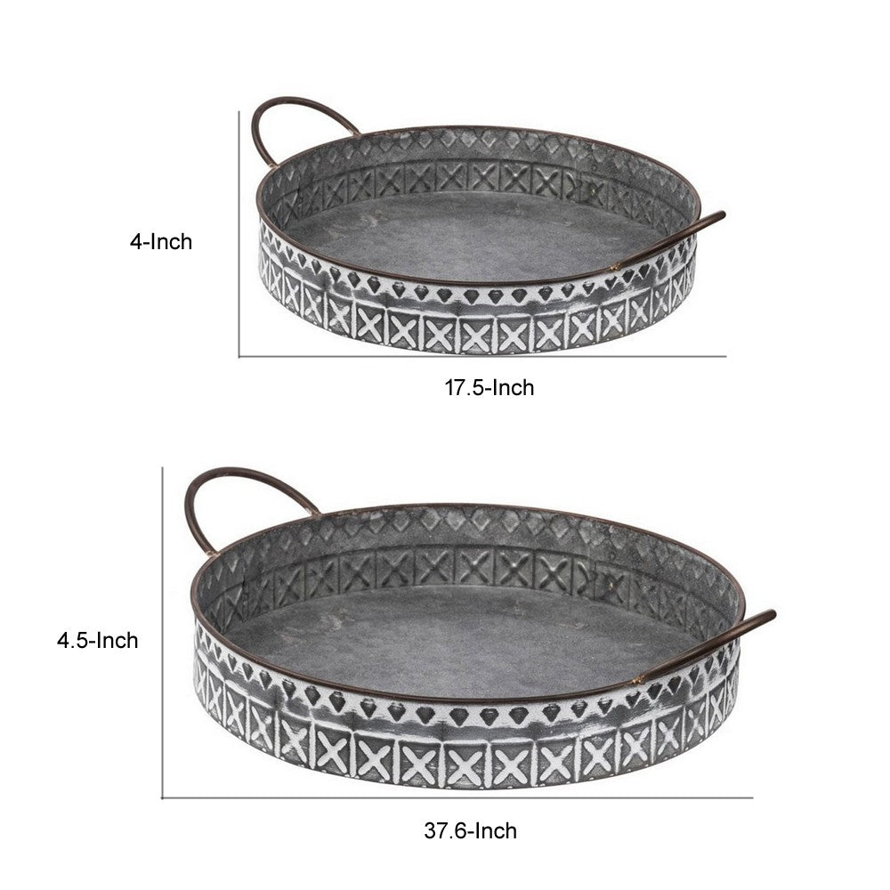 18, 20 Inch Set of 2 Round Serving Trays with Handles, Galvanized Gray Iron By Casagear Home