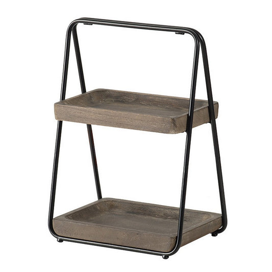 Nick 19 Inch 2 Tier Decorative Tray Stand, Black Iron Frame, Gray Wood By Casagear Home