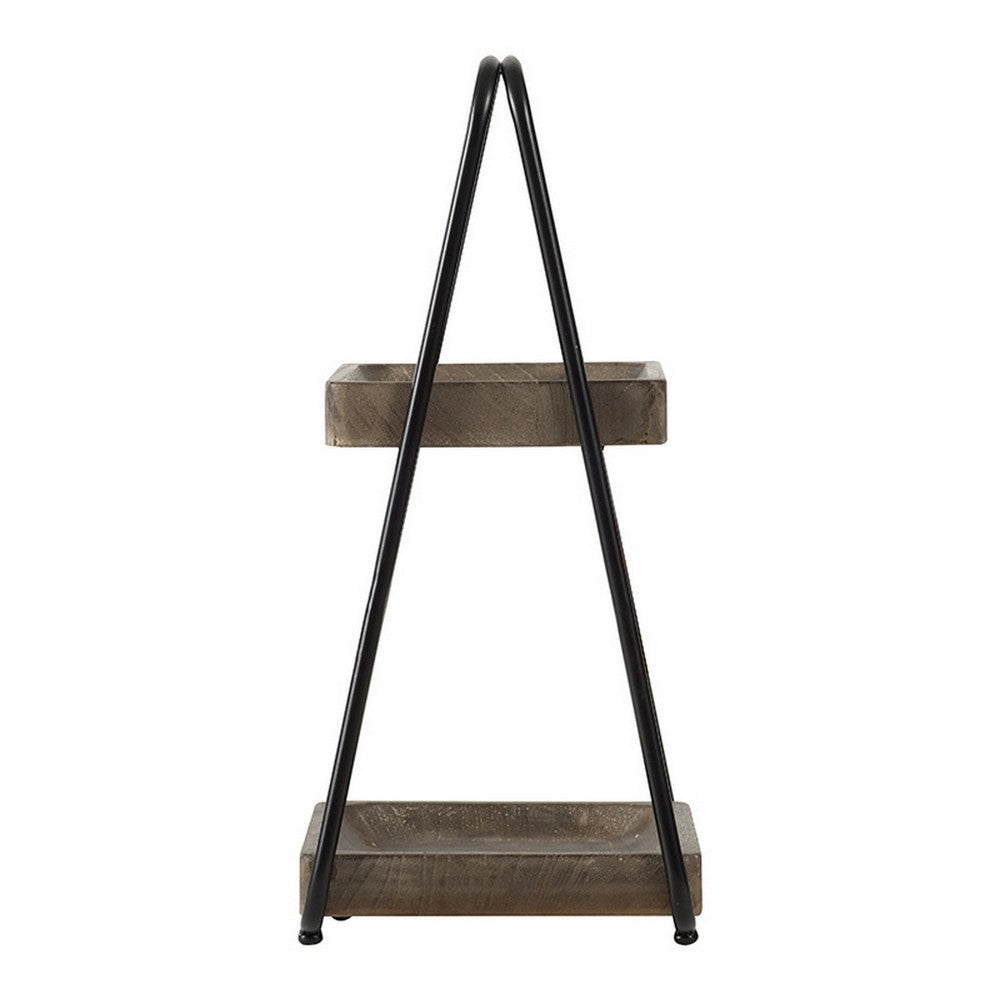 Nick 19 Inch 2 Tier Decorative Tray Stand, Black Iron Frame, Gray Wood By Casagear Home