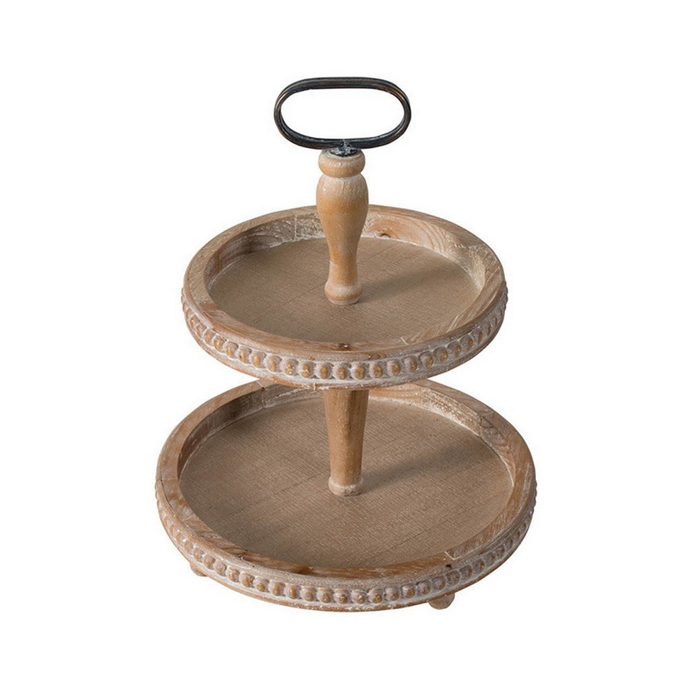 Mike 17 Inch 2 Tier Round Serving Tray, Handle, Beaded Trim, Brown Wood By Casagear Home
