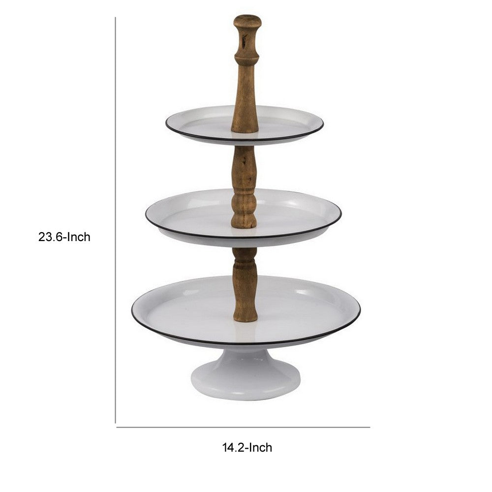 Mlyn 24 Inch 3 Tier Serving Tray, Round Metal Base, White Brown, and Black By Casagear Home