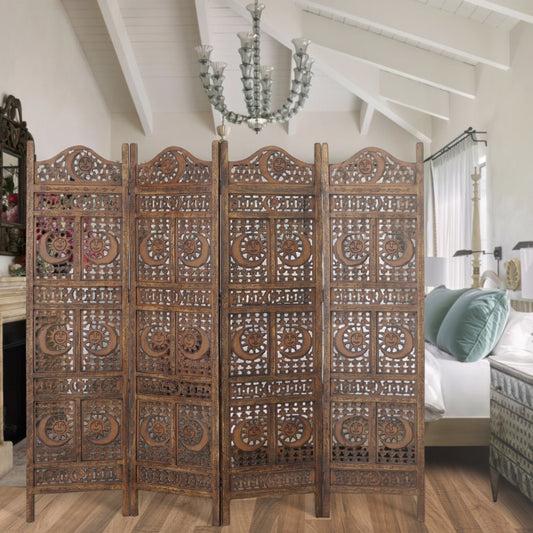 71" 4-Panel Hand Carved Sun and Mood Room Divider Screen, Brown By Benzara