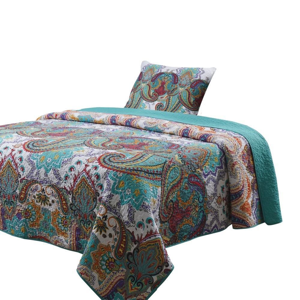 2 Piece Twin Size Cotton Quilt Set with Paisley Print Teal Blue By Casagear Home BM42333