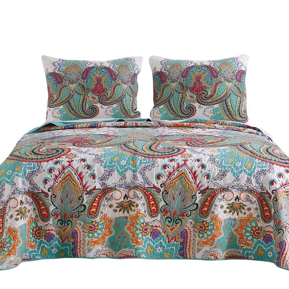 3 Piece King Size Cotton Quilt Set with Paisley Print, Teal Blue By Casagear Home