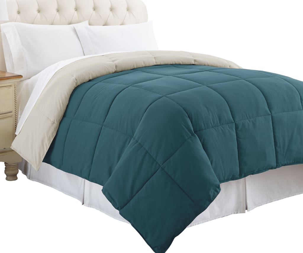 Genoa Twin Size Box Quilted Reversible Comforter By Casagear Home, Blue and Gray