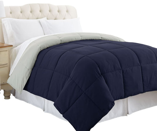 Genoa Reversible Queen Comforter with Box Quilting By Casagear Home, Silver and Blue
