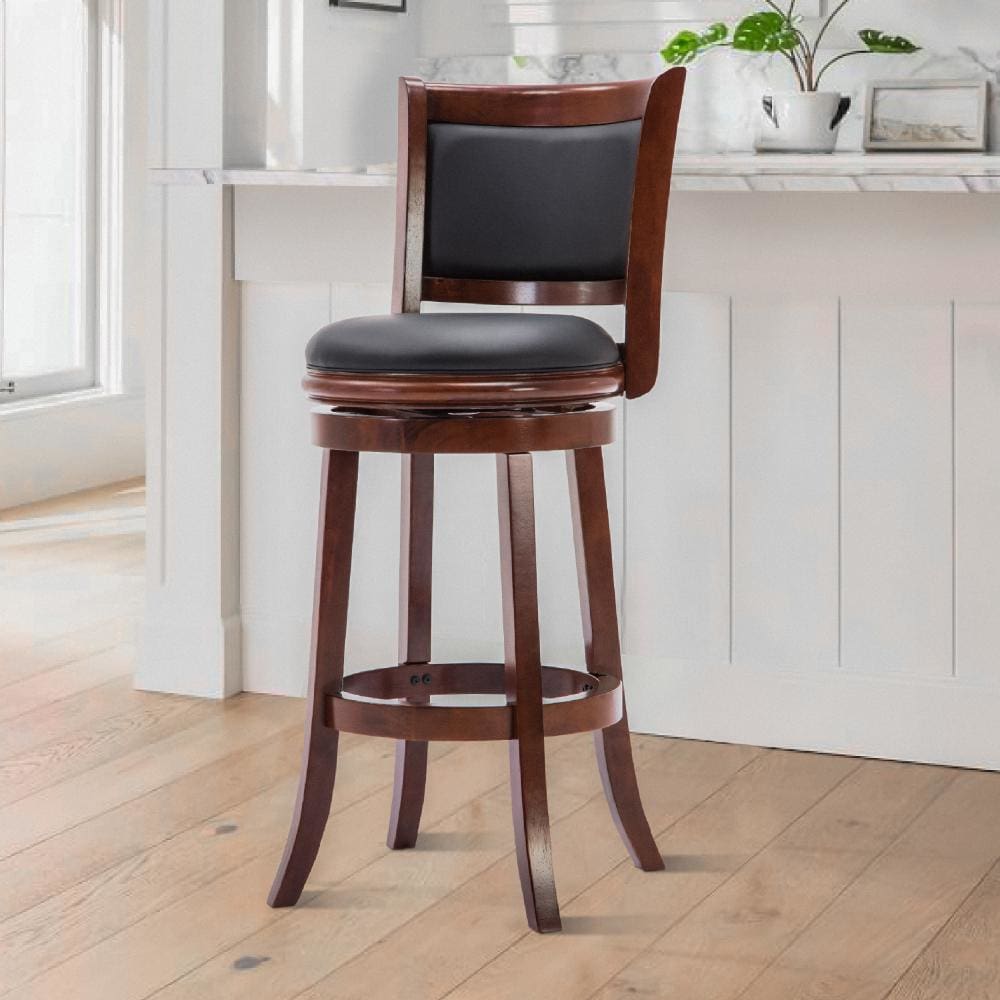 Round Wooden Swivel Barstool with Padded Seat and Back, Cherry Brown By The Urban Port