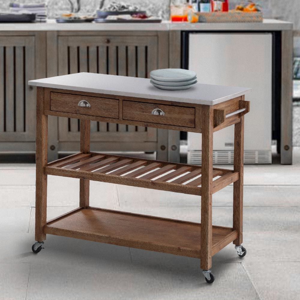 2 Drawers Wooden Frame Kitchen Cart with Metal Top and Casters, Brown and Gray By The Urban Port