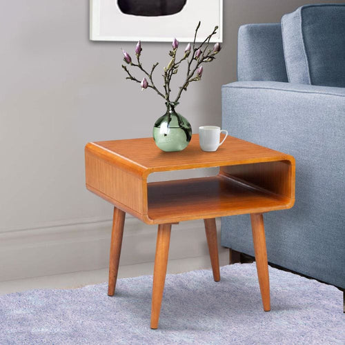 End Table | Rectangular | Brown Wood | Open Shelf | Splayed Legs