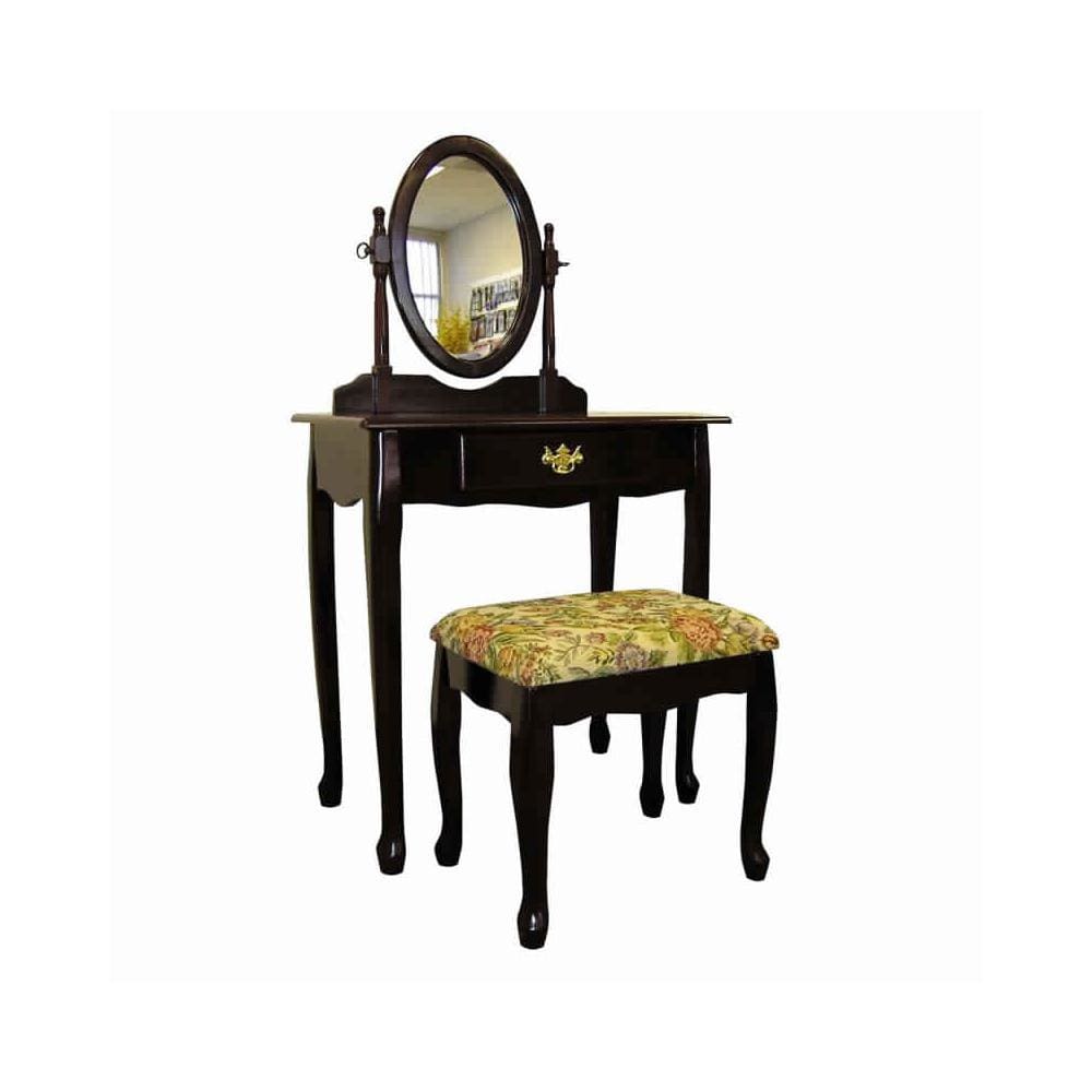 Vanity Set | Wood Frame | Cherry Brown Yellow | Upholstered Seat