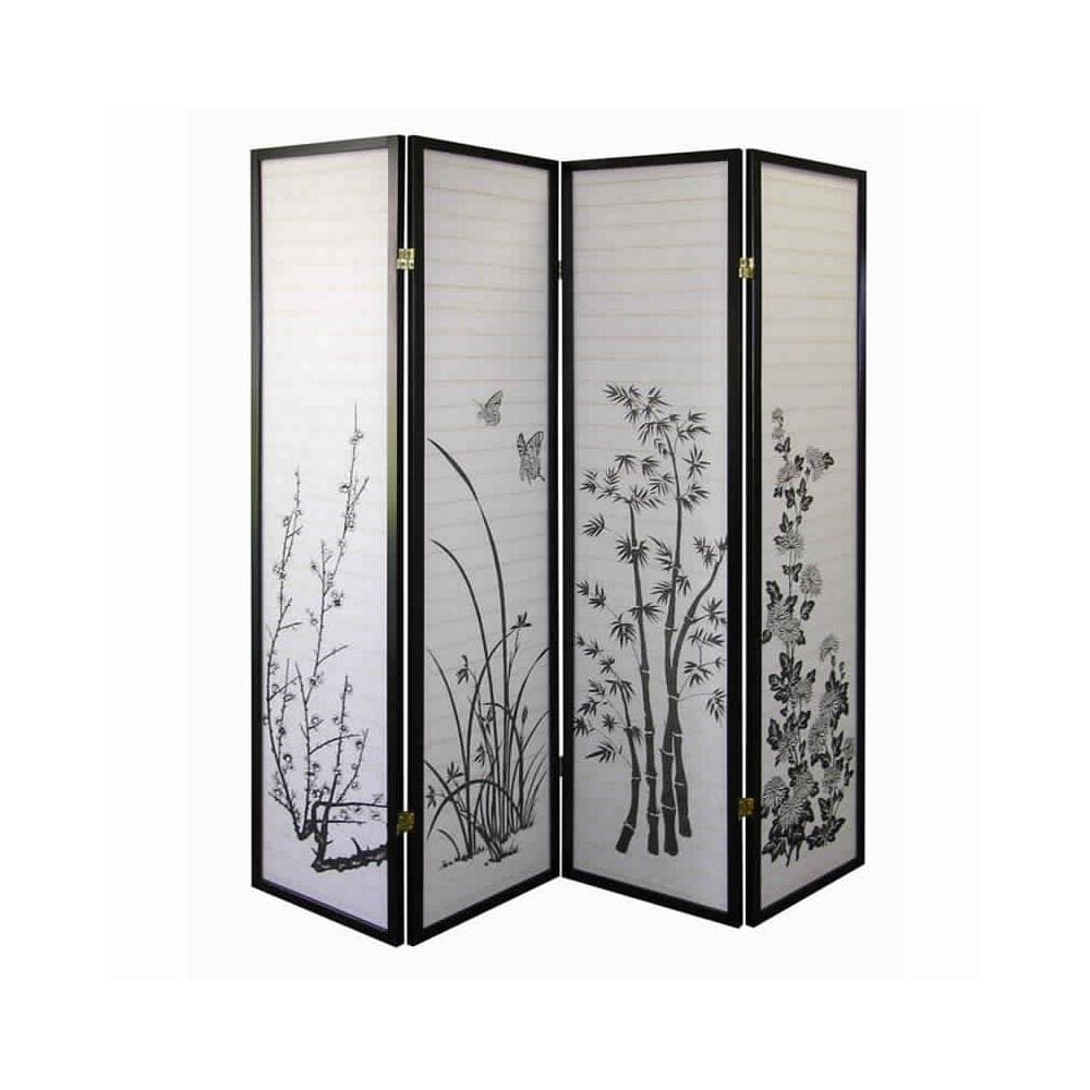 Naturistic Print Wood and Paper 4 Panel Room Divider, White and Black by Casagear Home