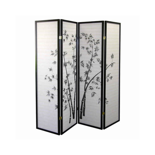 Wood and Paper 4 Panel Room Divider with Bamboo Print, White and Black by Casagear Home