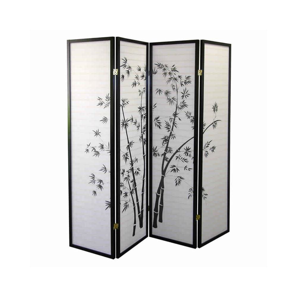 Room Divider | 4 Panel | Bamboo Print | Wood Paper | White Black