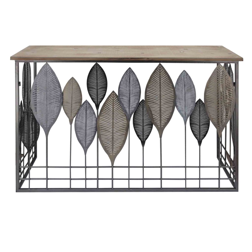 Wooden Top Console Table with Metal Leaf Embellishment Brown and Gray C554-FHB001